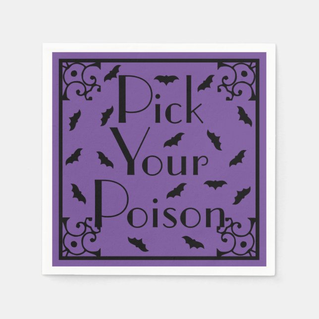Purple & Black Halloween Bats Pick Your Poison Napkin (Front)