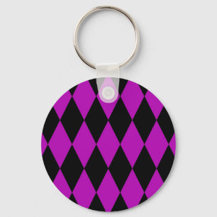 Purple Black Harlequin Diamonds Checkers Design Keychain