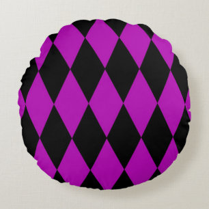 Purple Black Harlequin Diamonds Checkers Design Round Pillow