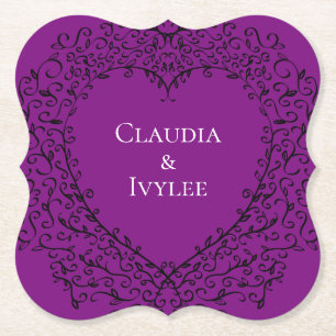 Purple Black Heart Elegant Gothic Wedding Coasters