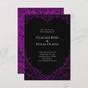 Purple & Black Heart Gothic Wedding Save the Date Invitation