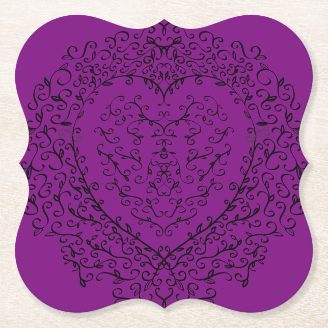 Purple Black Heart Swirls Gothic Wedding Paper Coaster (Front)