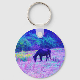 Purple Black Horse in Rainbow field Keychain