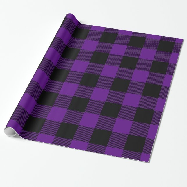 Purple Black Huge Buffalo Plaid Lumberjack Tartan Wrapping Paper (Unrolled)