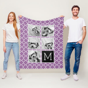 Purple & Black Instagram 5 Photo Collage Monogram Fleece Blanket