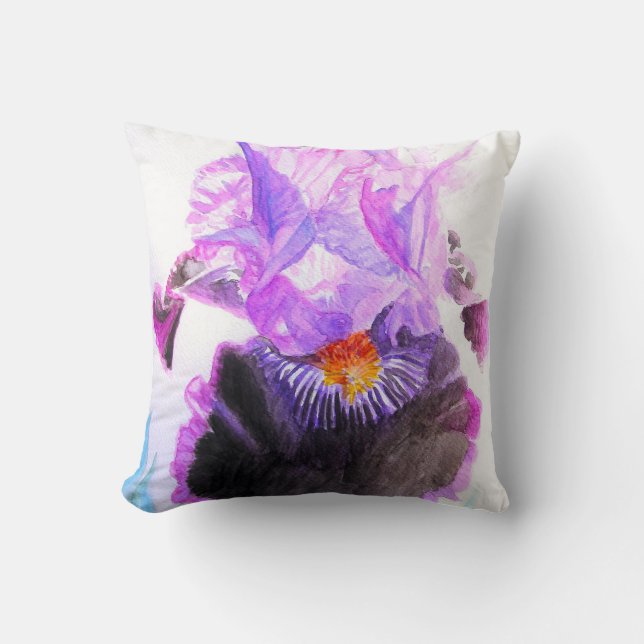 Purple Black Iris Watercolor Flower Floral Throw Pillow (Front)