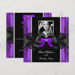 Purple Black Lace Photo Birthday Party Invitation