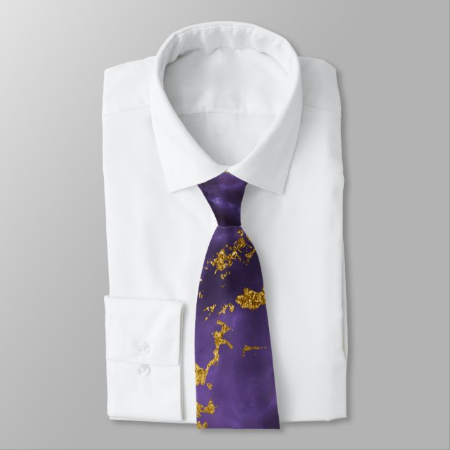 Purple Black Marble Faux Gold Glitter Pattern Tie (Tied)