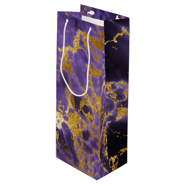 Purple Black Marble Faux Gold Glitter Pattern Wine Gift Bag (Front Angled)