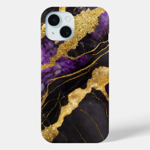Purple Black Marble Pattern with Gold iPhone 15 Case