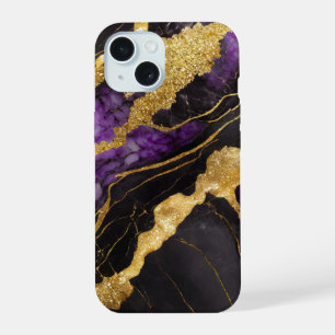 Purple Black Marble Pattern with Gold iPhone 15 Case