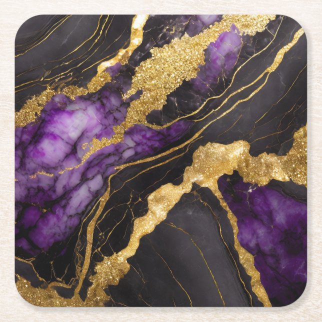 Purple Black Marble Pattern with Gold Square Paper Coaster (Front)