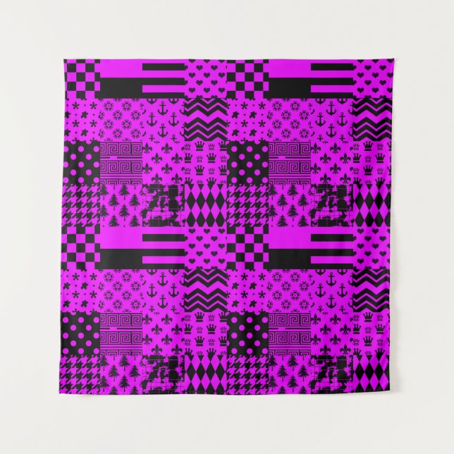 Purple Black Mixed Patterns Patchwork Design  Tapestry (Front)