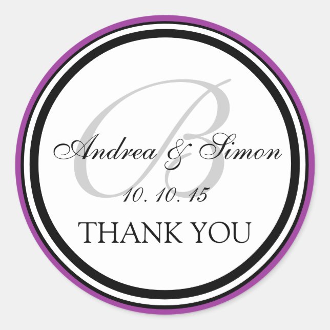 Purple Black Monogram B Wedding Thank You Classic Round Sticker (Front)