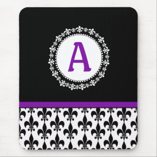 Purple Black Monogram Fleur de Lis Mouse Pad