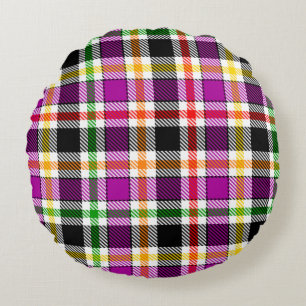 Purple Black Multicolour Flannel Plaid Tartan Round Pillow