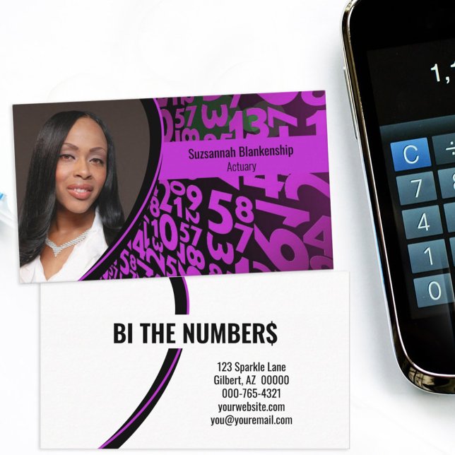 Purple Black Numbers Custom Professional Photo  Business Card (Share you information on this purple numbers on black double-sided custom photo business card.)