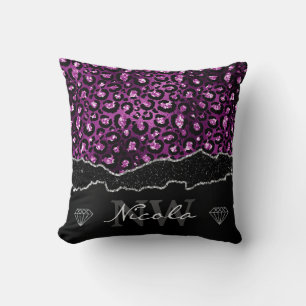 Purple & Black Ombre Glam Glitter Leopard Spots Throw Pillow