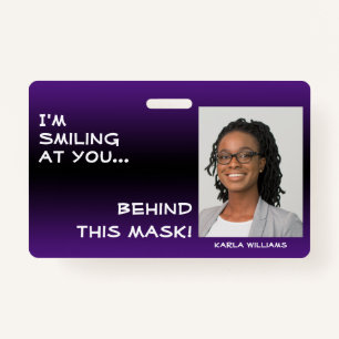 Purple & Black Ombre Smiling Hello Behind Mask Badge