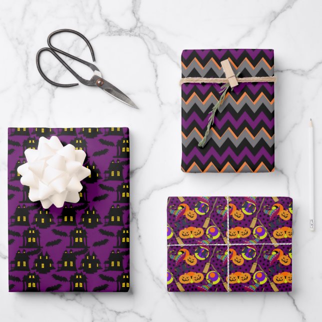 Purple, Black, Orange and Grey Halloween Mix Wrapping Paper Sheet (Front)