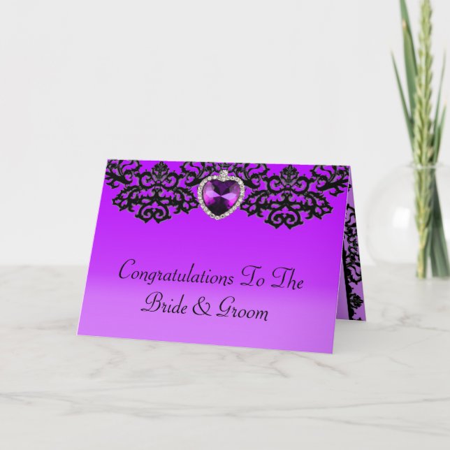 Purple & Black Ornate Heart Pendant Wedding Card (Front)