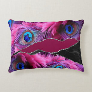 Purple Black Peafowl Marble Agate Glam Accent Pillow