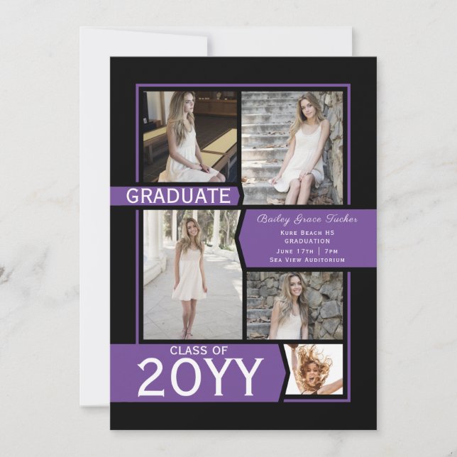 Purple & Black Photo Collage Class of Graduation Announcement (Front)