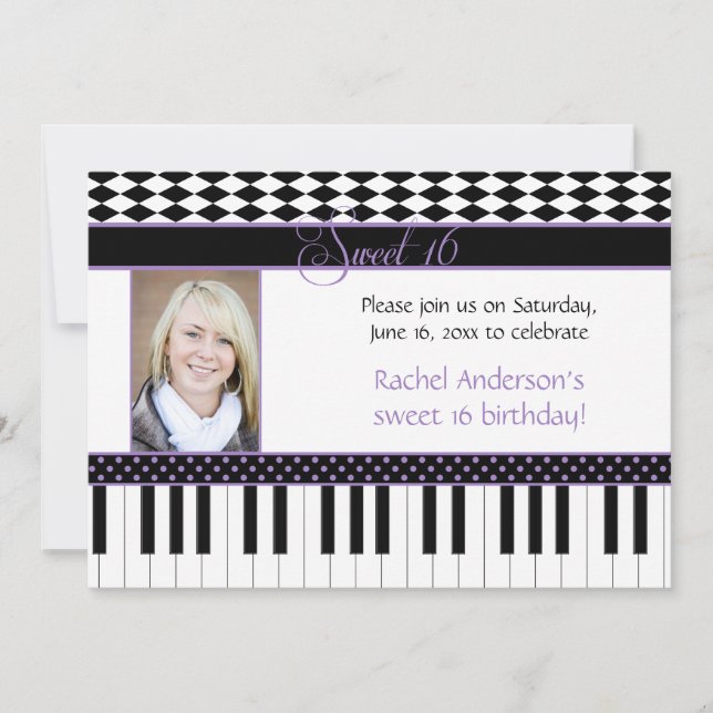 Purple Black Piano Theme Sweet 16 Birthday Invitation (Front)