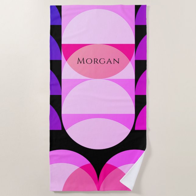 Purple Black Pink Geometric Design, Name/Monogram Beach Towel (Front)