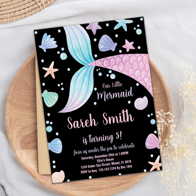 Purple Black Pink Mermaid Tail Birthday Invitation (Purple Black Pink Mermaid Tail Birthday Invitation)