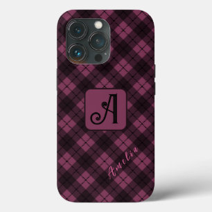 Purple Black Plaid Customize Name iPhone 13 Pro Case