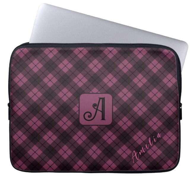 Purple Black Plaid Customize Name Laptop Sleeve (Front)