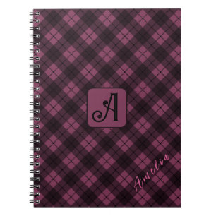 Purple Black Plaid Customize Name Notebook