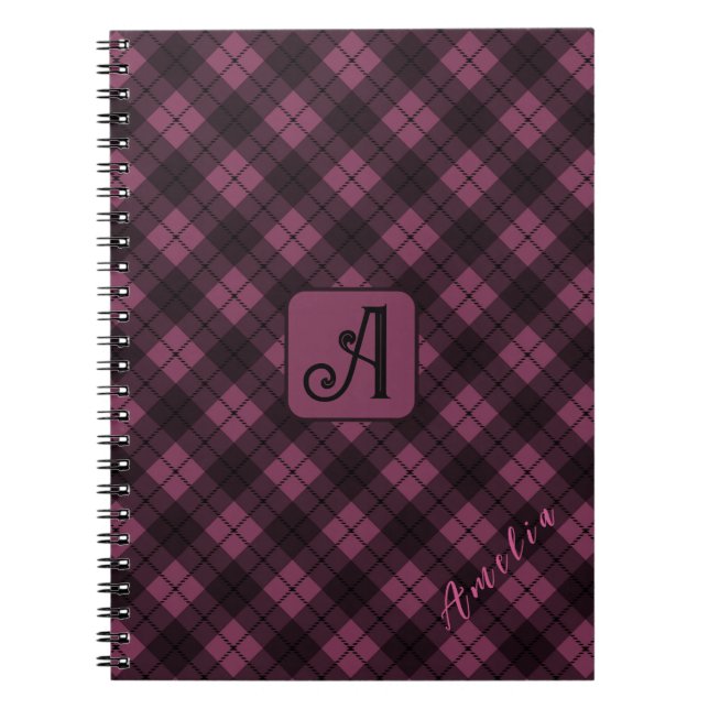 Purple Black Plaid Customize Name Notebook (Front)