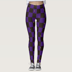 Purple & Black Plaid Leggings With Stars
