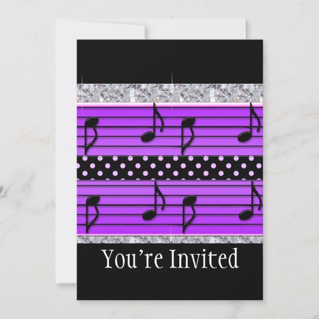 Purple & Black Polka Dot Diamonds & Musical Notes Invitation (Front)