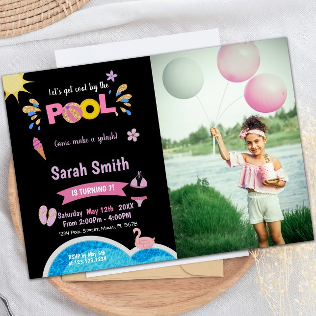 Purple Black Pool Invitations d'anniversaire avec  (Purple Black Pool Birthday Invitations with photo)