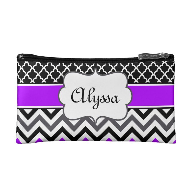 Purple Black Quatrefoil and Chevron Personalized Cosmetic Bag (Front)