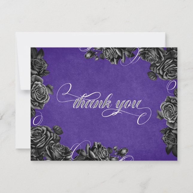 Purple Black Roses Gothic Wedding Thank You Card (Front)