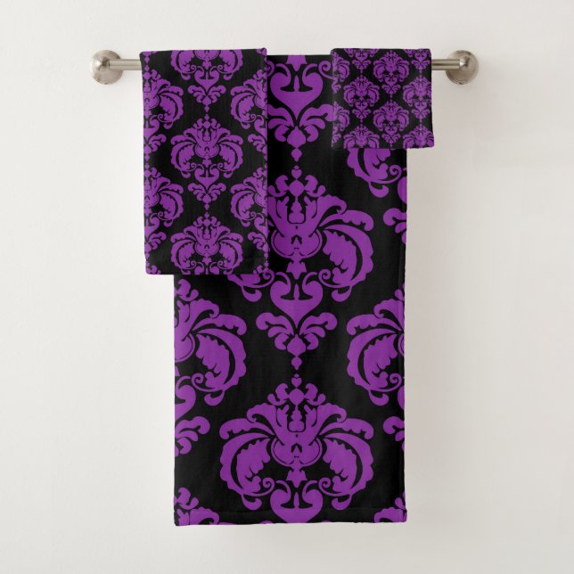 Purple & Black Royal Glam Damask Bath Towel Set (Insitu)