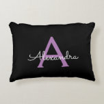 Purple Black Script Girly Monogram Name Accent Pillow<br><div class="desc">Black and Purple Script Monogram Name and Initial Pillow. The pillow makes the perfect sweet 16 birthday,  wedding,  bridal shower,  baby shower or bachelorette party gift for someone decorating her room in rose gold.</div>