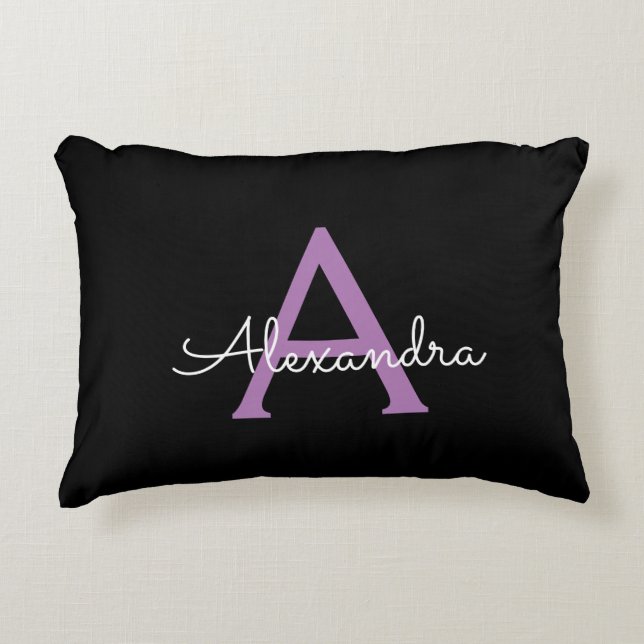 Purple Black Script Girly Monogram Name Accent Pillow (Front)