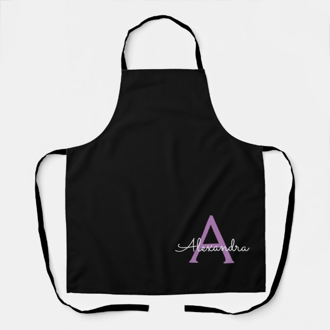 Purple Black Script Girly Monogram Name Apron (Front)