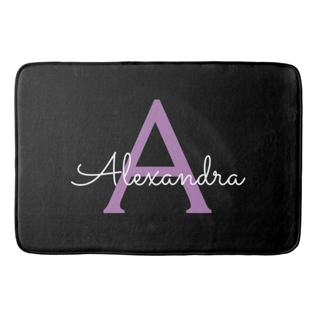 Purple Black Script Girly Monogram Name Bath Mat (Front)