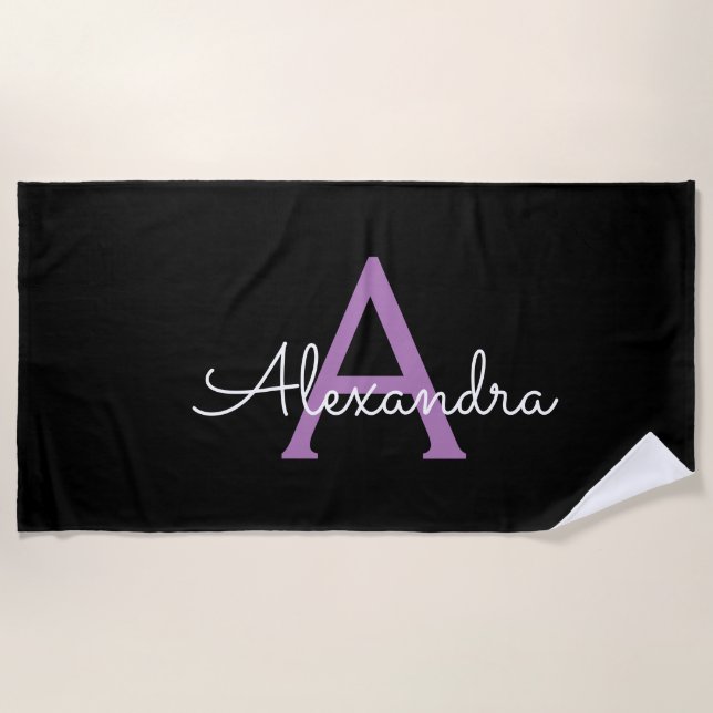 Purple Black Script Girly Monogram Name Beach Towel (Front)