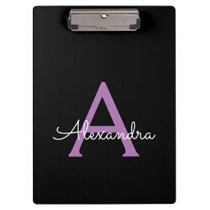 Purple Black Script Girly Monogram Name Clipboard