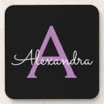 Purple Black Script Girly Monogram Name Coaster<br><div class="desc">Black and Purple Simple Script Monogram Name Paper Coasters. This makes the perfect graduation,  birthday,  wedding,  bridal shower,  anniversary,  baby shower or bachelorette party gift for someone that loves glam luxury and chic styles.</div>