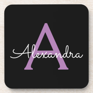 Purple Black Script Girly Monogram Name Coaster