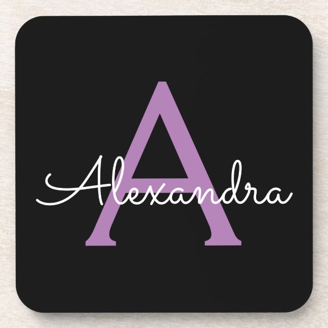 Purple Black Script Girly Monogram Name Coaster (Front)
