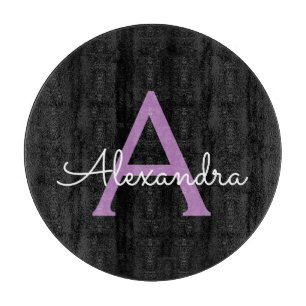 Purple Black Script Girly Monogram Name Cutting Board